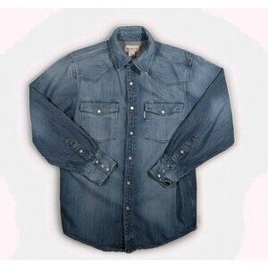 Carhartt Denim Shirt Mens Medium Blue Western Long Sleeve Pearl Snap 100% Cotton